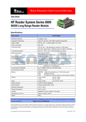 RI-STU-650A datasheet - HF Reader System Series 6000 S6500 Long Range Reader Module