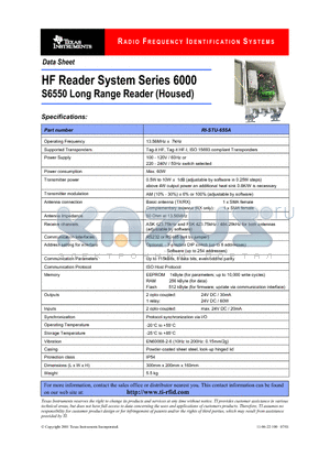 RI-STU-655A datasheet - HF Reader System Series 6000 S6550 Long Range Reader (Housed)