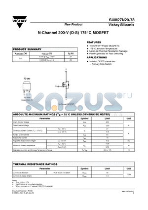 SUM27N20-78 datasheet - N-Channel 200-V (D-S) 175C MOSFET