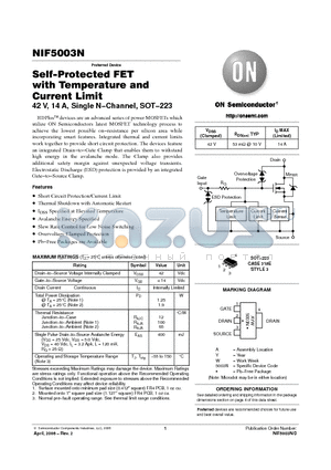 NIF5003NT3 datasheet - Self−Protected FET with Temperature and Current Limit