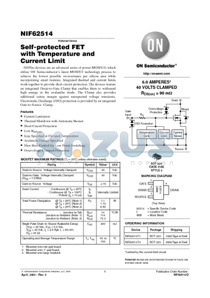 NIF62514T1 datasheet - Self-protected FET with Temperature and Current Limit