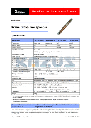 RI-TRP-IR2B datasheet - 32mm Glass Transponder