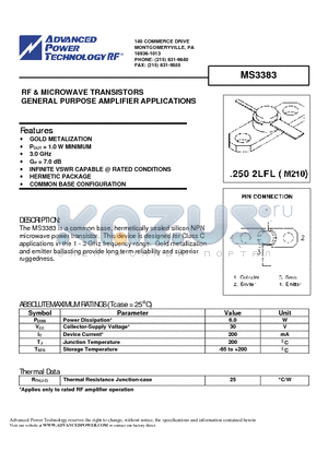 MS3383 datasheet - RF & MICROWAVE TRANSISTORS GENERAL PURPOSE AMPLIFIER APPLICATIONS