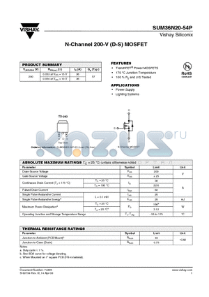 SUM36N20-54P datasheet - N-Channel 200-V (D-S) MOSFET