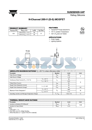 SUM36N20-54P-E3 datasheet - N-Channel 200-V (D-S) MOSFET