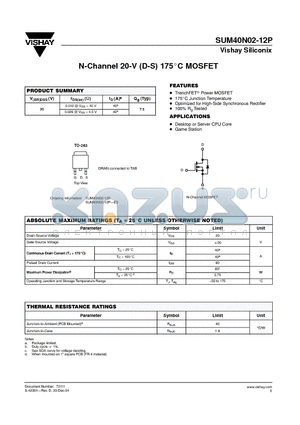 SUM40N02-12P datasheet - N-Channel 20-V (D-S) 175C MOSFET