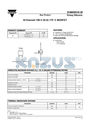 SUM40N10-30 datasheet - N-Channel 100-V (D-S) 175C MOSFET
