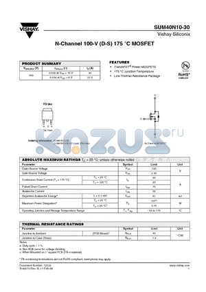SUM40N10-30-E3 datasheet - N-Channel 100-V (D-S) 175 `C MOSFET