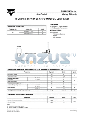 SUM40N05-19L datasheet - N-Channel 55-V (D-S), 175C MOSFET, Logic Level