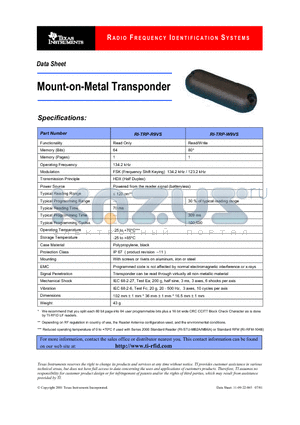 RI-TRP-R9VS datasheet - Mount-on-Metal Transponder