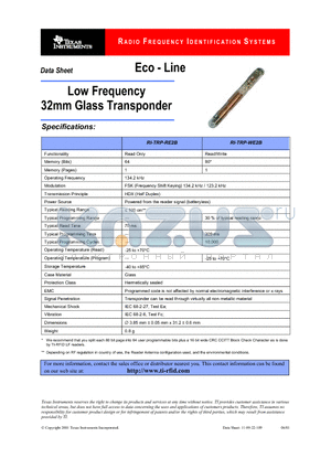RI-TRP-RE2B datasheet - Low Frequency  32mm Glass Transponder