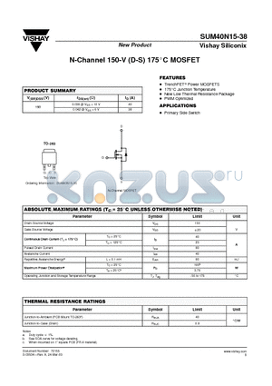 SUM40N15-38 datasheet - N-Channel 150-V (D-S) 175C MOSFET