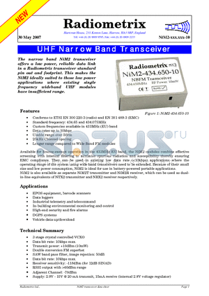 NIM2-434.650-10 datasheet - UHF Narrow Band Transceiver