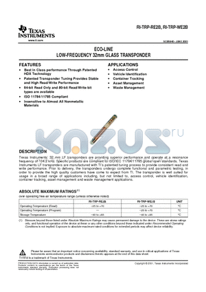 RI-TRP-RE2B datasheet - ECO-LINE LOW-FREQUENCY 32mm GLASS TRANSPONDER