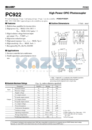 PC922 datasheet - High Power OPIC Photocoupler