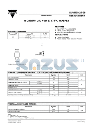 SUM45N25-58 datasheet - N-Channel 250-V (D-S), 175 Degrees Celcious, MOSFET