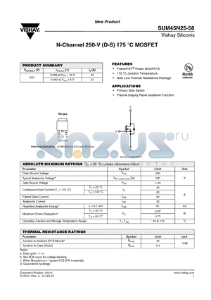 SUM45N25-58-E3 datasheet - N-Channel 250-V (D-S) 175 `C MOSFET