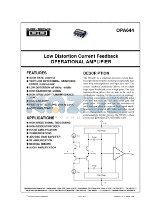 OPA644 datasheet - Low Distortion Current Feedback OPERATIONAL AMPLIFIER