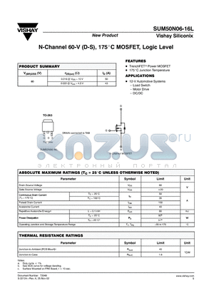 SUM50N06-16L datasheet - N-Channel 60-V (D-S), 175C MOSFET, Logic Level