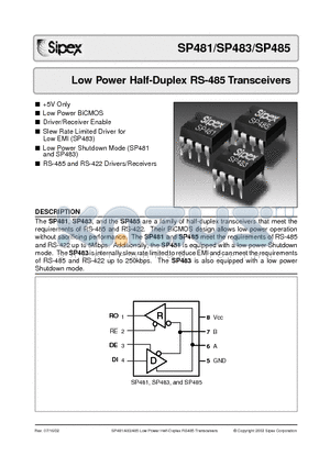 SP483 datasheet - Low Power Half-Duplex RS-485 Transceivers