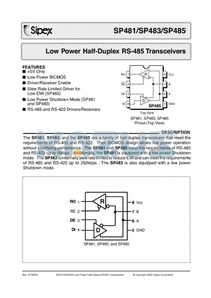SP483 datasheet - Low Power Half-Duplex RS-485 Transceivers