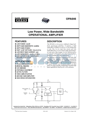 OPA646U datasheet - Low Power, Wide Bandwidth OPERATIONAL AMPLIFIER