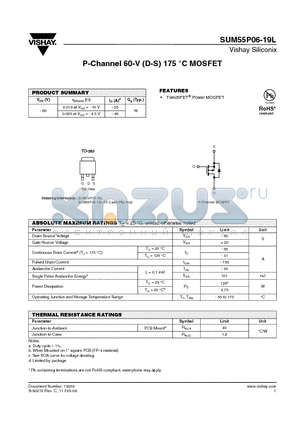 SUM55P06-19L-E3 datasheet - P-Channel 60-V (D-S) 175 `C MOSFET