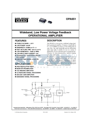 OPA651 datasheet - Wideband, Low Power Voltage Feedback OPERATIONAL AMPLIFIER