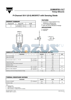 SUM60P05-11LT datasheet - P-Channel 55-V (D-S) MOSFET with Sensing Diode