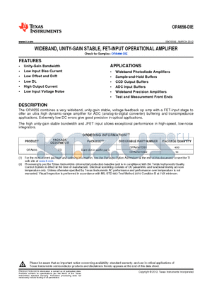 OPA656-DIE datasheet - WIDEBAND, UNITY-GAIN STABLE, FET-INPUT OPERATIONAL AMPLIFIER