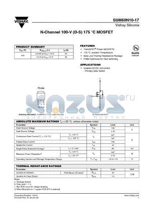 SUM60N10-17_08 datasheet - N-Channel 100-V (D-S) 175 `C MOSFET