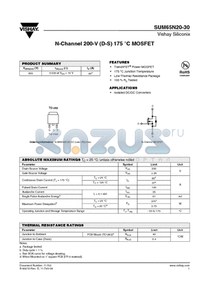 SUM65N20-30_08 datasheet - N-Channel 200-V (D-S) 175 `C MOSFET