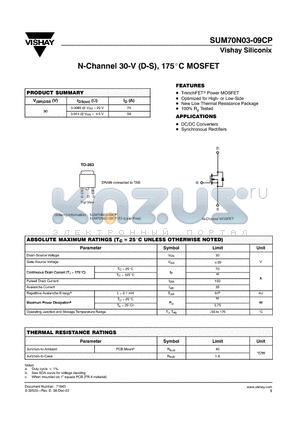 SUM70N03-09CP-E3 datasheet - N-Channel 30-V (D-S), 175-LC MOSFET