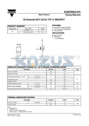 SUM70N04-07L datasheet - N-Channel 40-V (D-S) 175C MOSFET