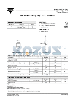 SUM70N04-07L-E3 datasheet - N-Channel 40-V (D-S) 175 Celsius MOSFET