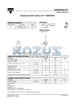 SUM70N04-07L_08 datasheet - N-Channel 40-V (D-S) 175 Celsius MOSFET