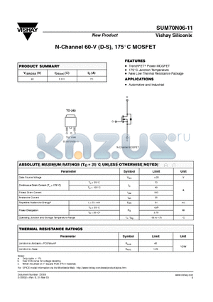 SUM70N06-11 datasheet - N-Channel 60-V (D-S), 175 C MOSFET