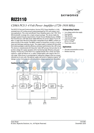 RI23110 datasheet - CDMA PCS 3-4 Volt Power Amplifier (1720-1910 MHz)