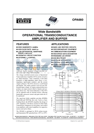 OPA660AU datasheet - Wide Bandwidth OPERATIONAL TRANSCONDUCTANCE AMPLIFIER AND BUFFER