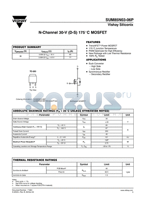 SUM85N03-06P-E3 datasheet - N-Channel 30-V (D-S) 175C MOSFET
