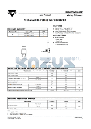 SUM85N03-07P datasheet - N-Channel 30-V (D-S) 175C MOSFET