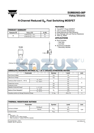 SUM85N03-08P datasheet - N-Channel Reduced Qg, Fast Switching MOSFET