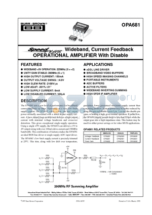OPA681 datasheet - Wideband, Current Feedback OPERATIONAL AMPLIFIER With Disable