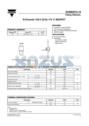 SUM85N15-19 datasheet - N-Channel 150-V (D-S) 175C MOSFET