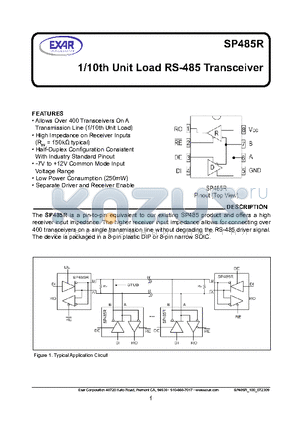 SP485R datasheet - 1/10th Unit Load RS-485 Transceiver