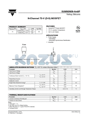 SUM90N08-4M8P-E3 datasheet - N-Channel 75-V (D-S) MOSFET