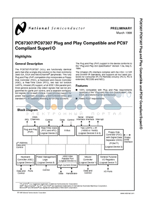 PC97307VUL datasheet - PC87307/PC97307 Plug and Play Compatible and PC97 Compliant SuperI/O