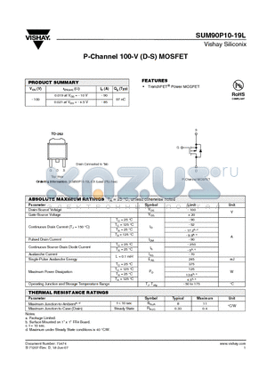 SUM90P10-19L datasheet - P-Channel 100-V (D-S) MOSFET