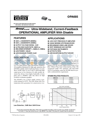 OPA685U datasheet - Ultra-Wideband, Current-Feedback OPERATIONAL AMPLIFIER With Disable TM