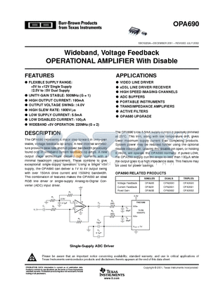 OPA690 datasheet - Wideband, Voltage Feedback OPERATIONAL AMPLIFIER With Disable